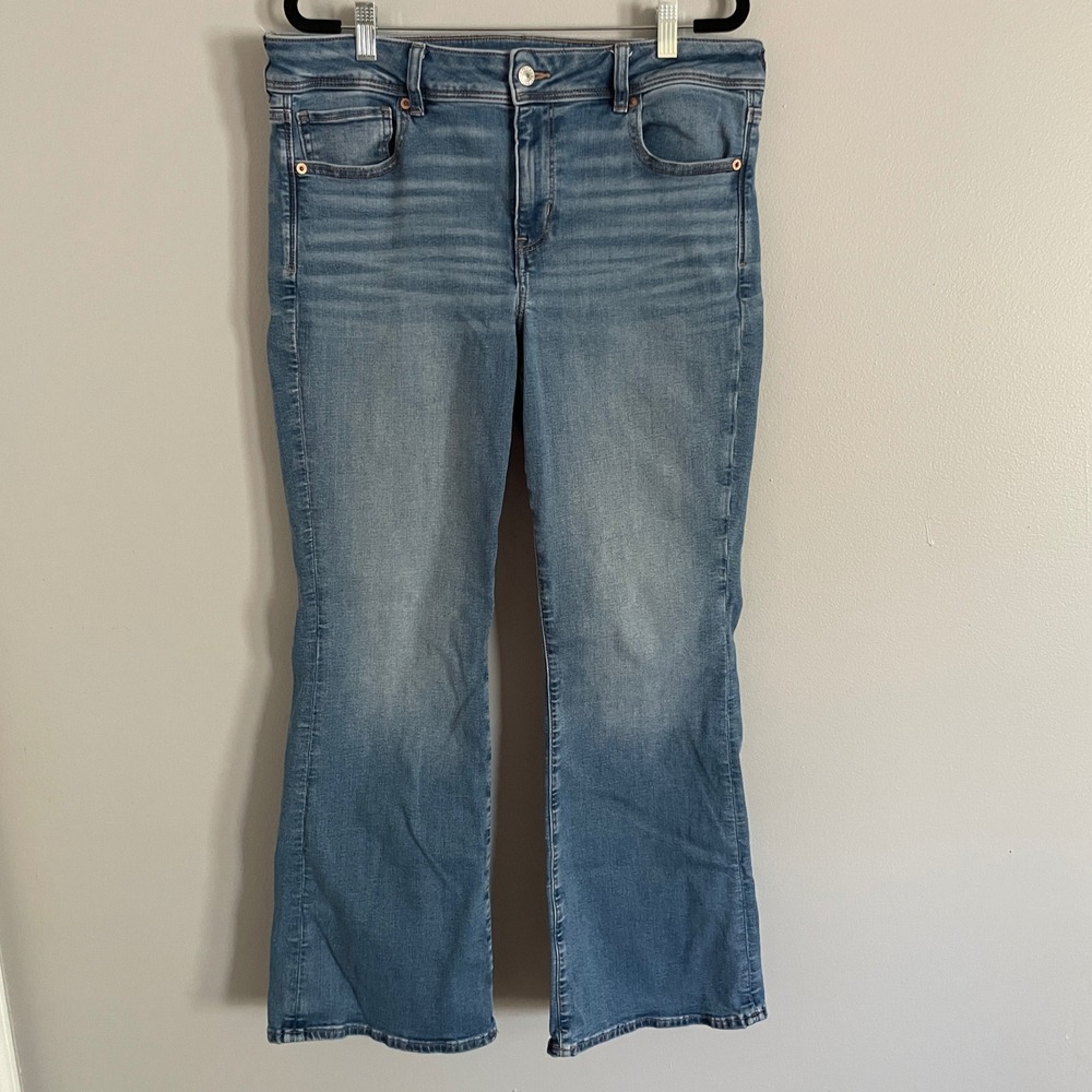American Eagle Kick Boot Jeans Women 14 Short Blue Med Wash Stretch Casual Boho
